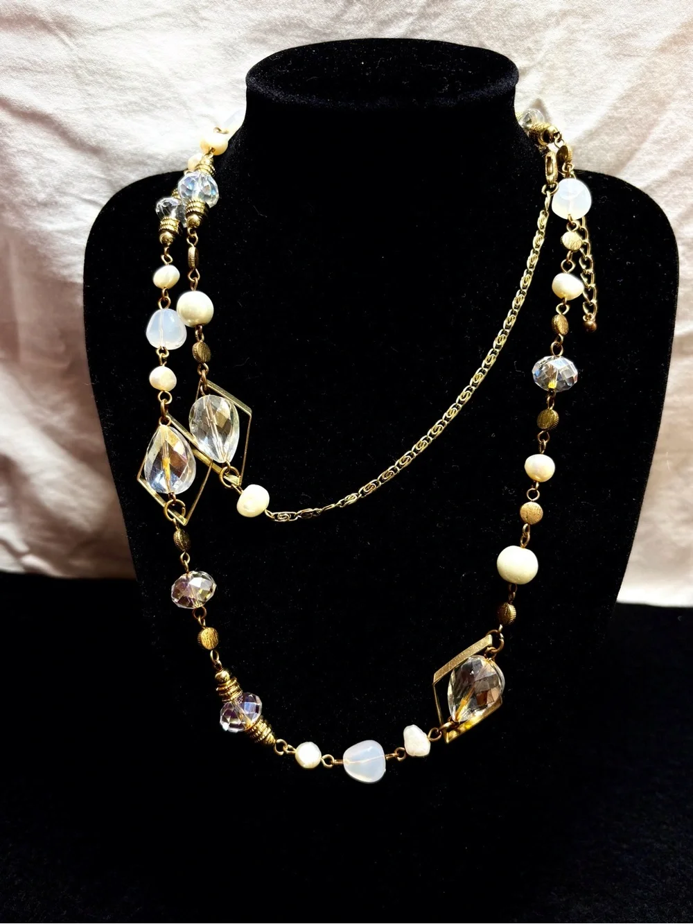 Vintage Elegant Gold-Tone Beaded Long Necklace with Clear and Cream Accents
